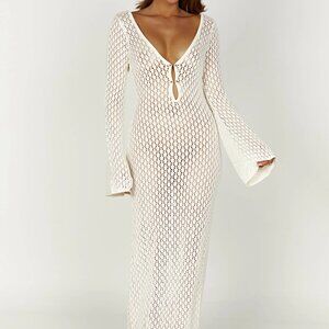 Meshki White Crochet Flare Sleeve Maxi Dress Fishtail Beach Coverup Kayleigh